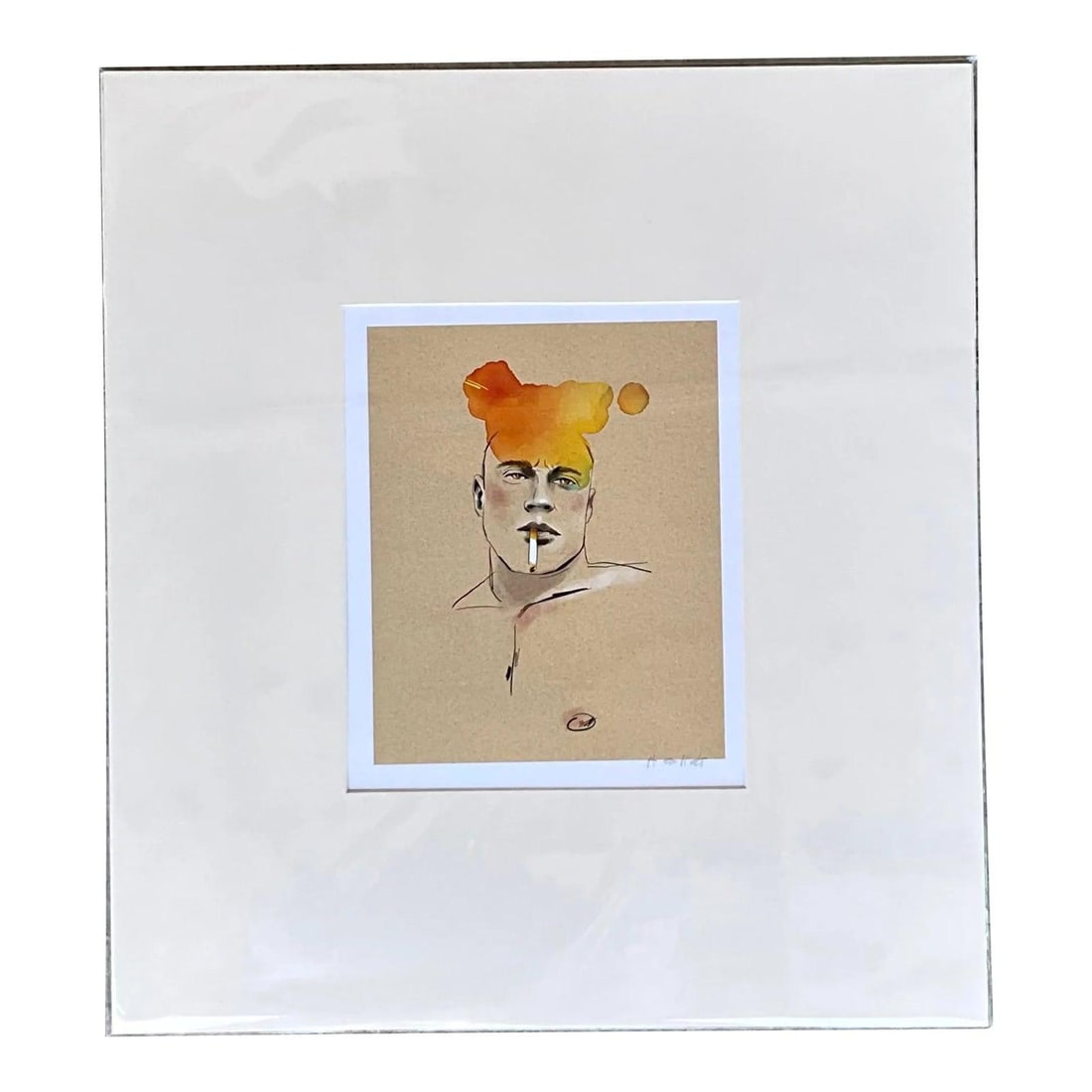 Hand Signed Modern Color Study Print Featuring Male Figure: Hand Signed Modern Color Study Print Featuring Male Figure This hand-signed original print features a contemporary color study of a man, combining vibrant orange with soft, neutral ecru tones for a vi