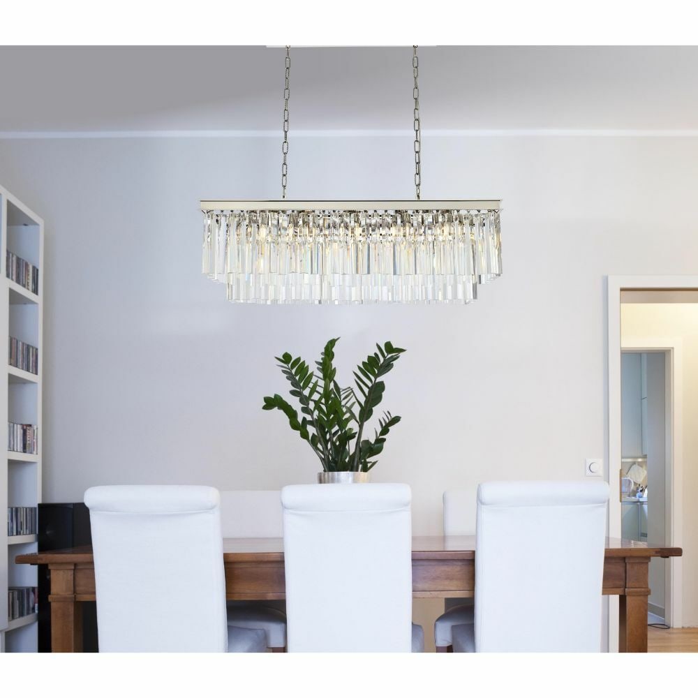 Sydney 12 Light Modern Crystal Pendant Chandelier Polished Nickel 40 Inch: Sydney 12 Light Modern Crystal Pendant Chandelier Polished Nickel 40 Inch This modern crystal chandelier features a polished nickel frame and is designed for use in dining rooms, kitchens, and a varie