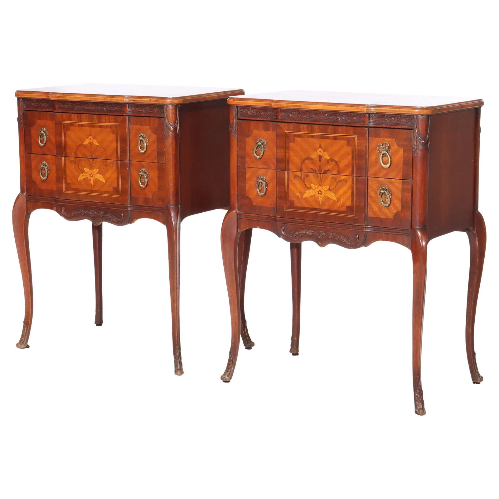 Set of 2 French Louis XV Mahogany and Satinwood Inlaid Two-Drawer Stands (1 of 13)