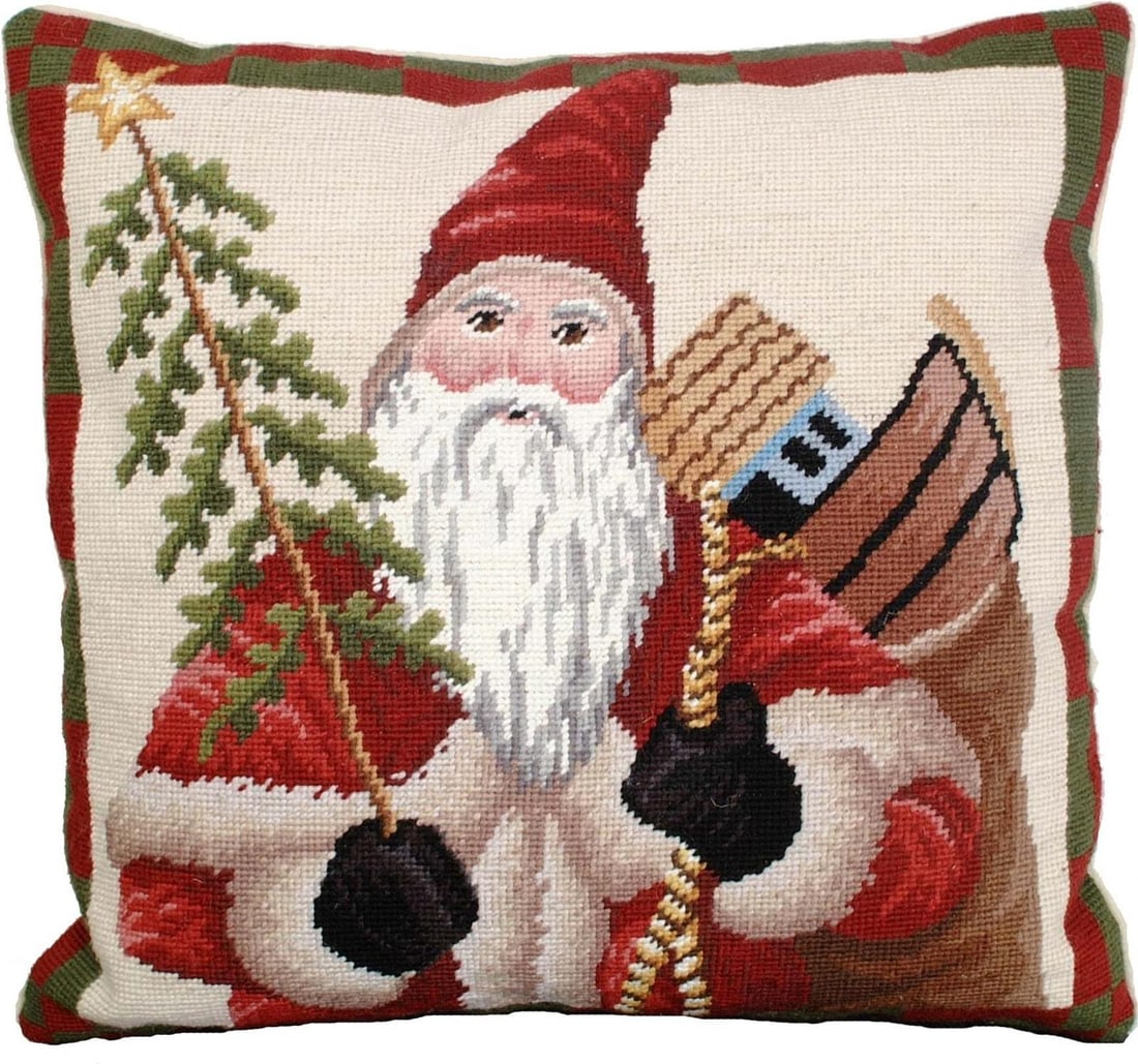 Holiday Needlepoint Pouf Pillow with Santa Design 18x18 (1 of 1)