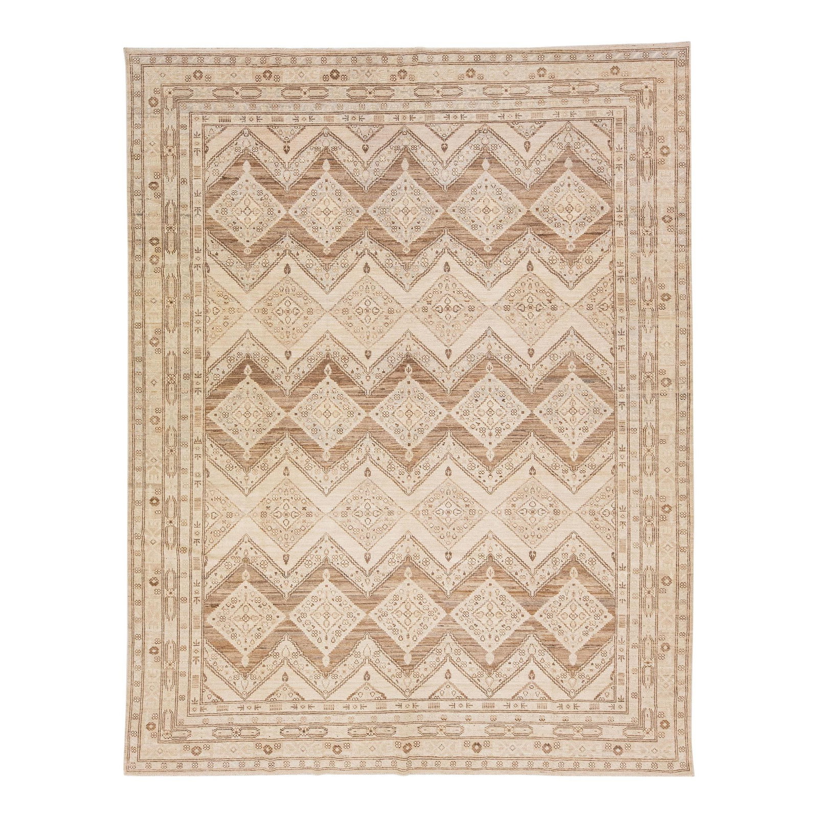 Handmade Indian Peshawar Wool Rug Beige Geometric Design 9'7 x 12'9: Handmade Indian Peshawar Wool Rug Beige Geometric Design 9'7 x 12'9 Discover this exquisite modern Persian-style Indian hand-knotted wool rug, showcasing a stunning beige color field with elegant brow