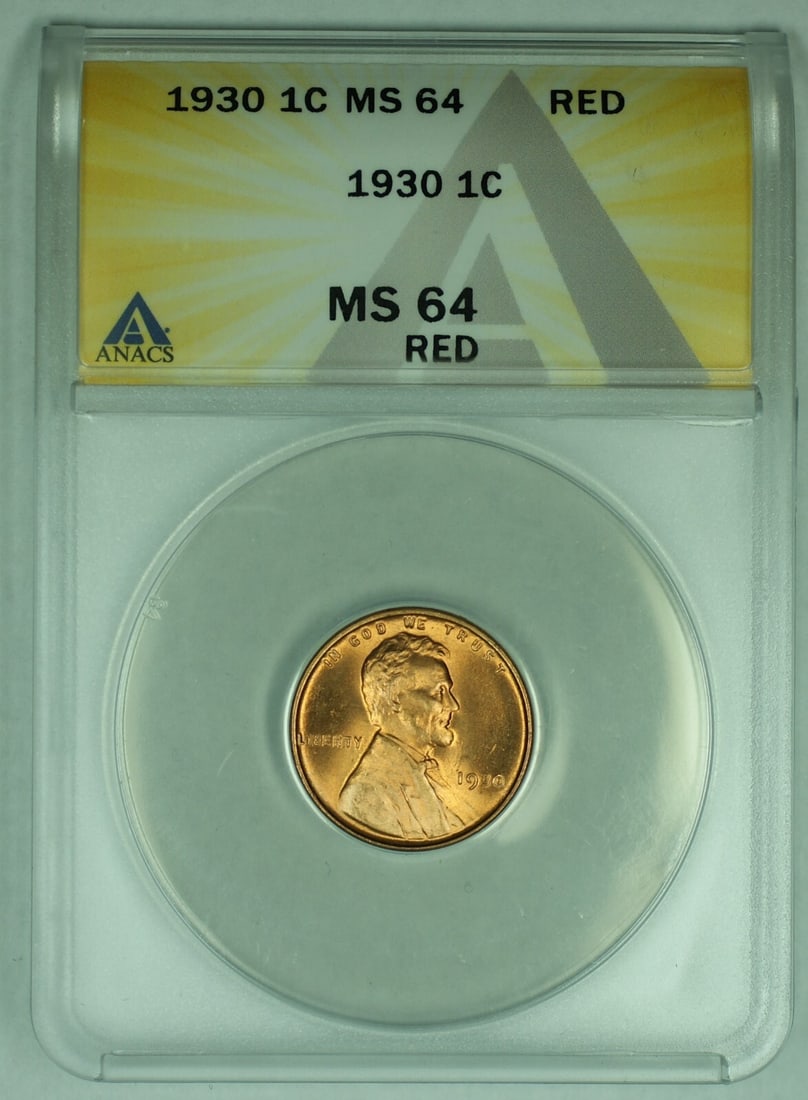 ANACS MS64 RD 1930 Lincoln Wheat Cent Uncirculated Small Cent (1 of 2)