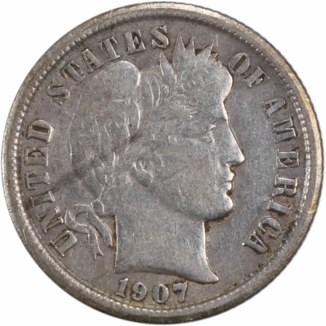 1907-O Barber Silver Dime 10C EF Uncertified 90% Silver: 1907-O Barber Silver Dime 10C EF Uncertified 90% Silver This 1907-O Barber Silver Dime is a remarkable piece of American numismatic history. Minted in New Orleans, this coin features the iconic design