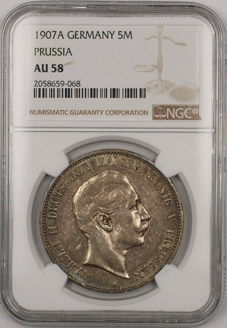 Silver 1907A Prussia 5 Marks Coin NGC Graded AU-58 (1 of 2)