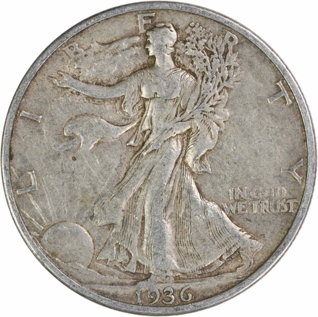 1936-S Liberty Walking 50C Silver Coin Extra Fine San Francisco Mint Uncertified: 1936-S Liberty Walking 50C Silver Coin Extra Fine San Francisco Mint Uncertified This 1936-S Walking Liberty Half Dollar features the iconic design by Adolph Alexander Weinman. Struck at the San Franc