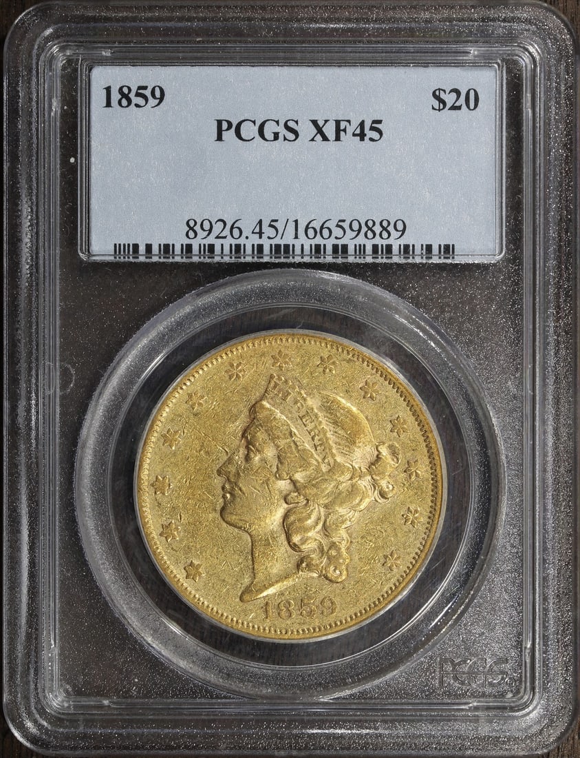 1859 $20 Gold Liberty Head Type 1 Coin PCGS XF45 Certified: 1859 $20 Gold Liberty Head Type 1 Coin PCGS XF45 Certified This is an 1859 Liberty Head Gold Double Eagle $20 coin, graded XF45 by PCGS. The coin was minted in Philadelphia and features a $20 denomina