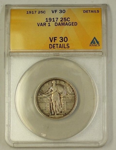 1917 Silver Standing Liberty Quarter 25C ANACS VF-30 Details Philadelphia Damaged (1 of 2)