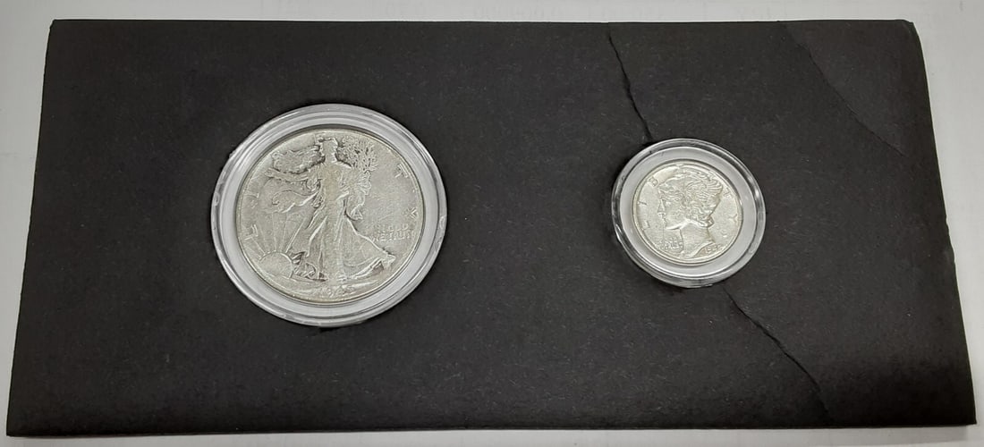 1945 Silver Dime and Half Dollar Philadelphia Coins in Display Holder: 1945 Silver Dime and Half Dollar Philadelphia Coins in Display Holder This set features two 1945 silver coins from the United States, including a Mercury Dime and a Walking Liberty Half Dollar, both m