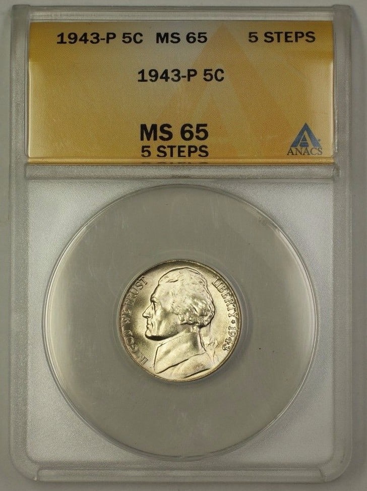 ANACS MS-65 1943-P Silver 5c Jefferson Nickel Uncirculated Coin (1 of 2)