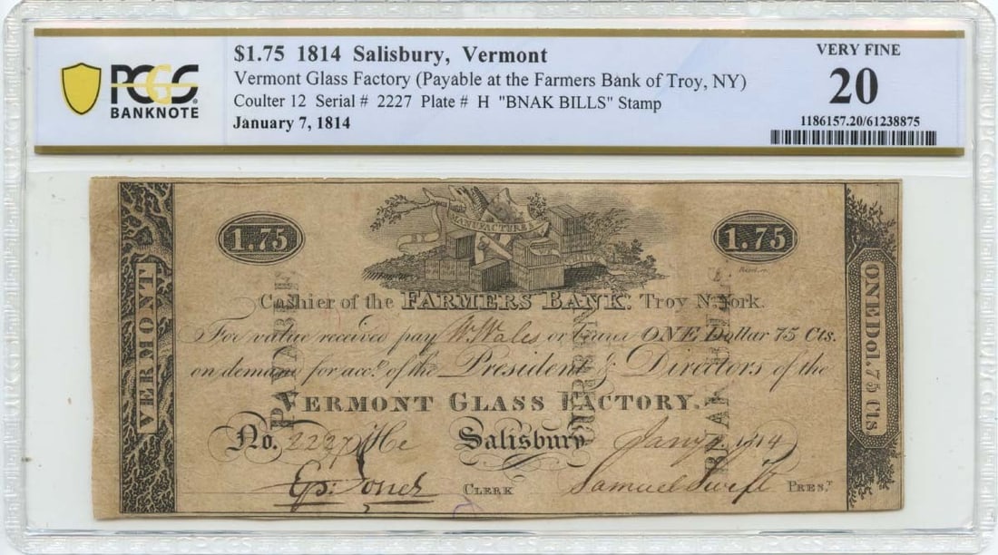 Salisbury Vermont Glass Factory 1814 Obsolete Dollar Seventy-Five Note PCGS VF20 (1 of 2)