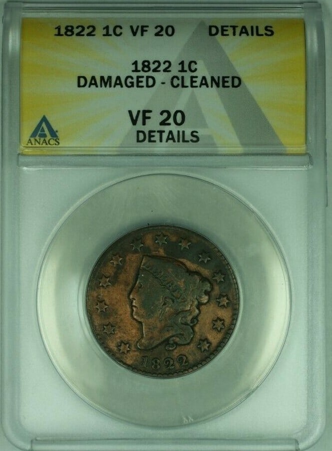 ANACS VF-20 1822 Large Cent Coronet Head Copper Damaged Cleaned (1 of 2)