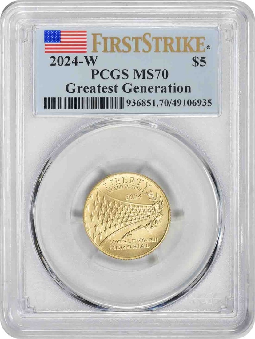 PCGS MS70 First Strike 2024-W $5 Gold Greatest Generation Commemorative Coin (1 of 2)