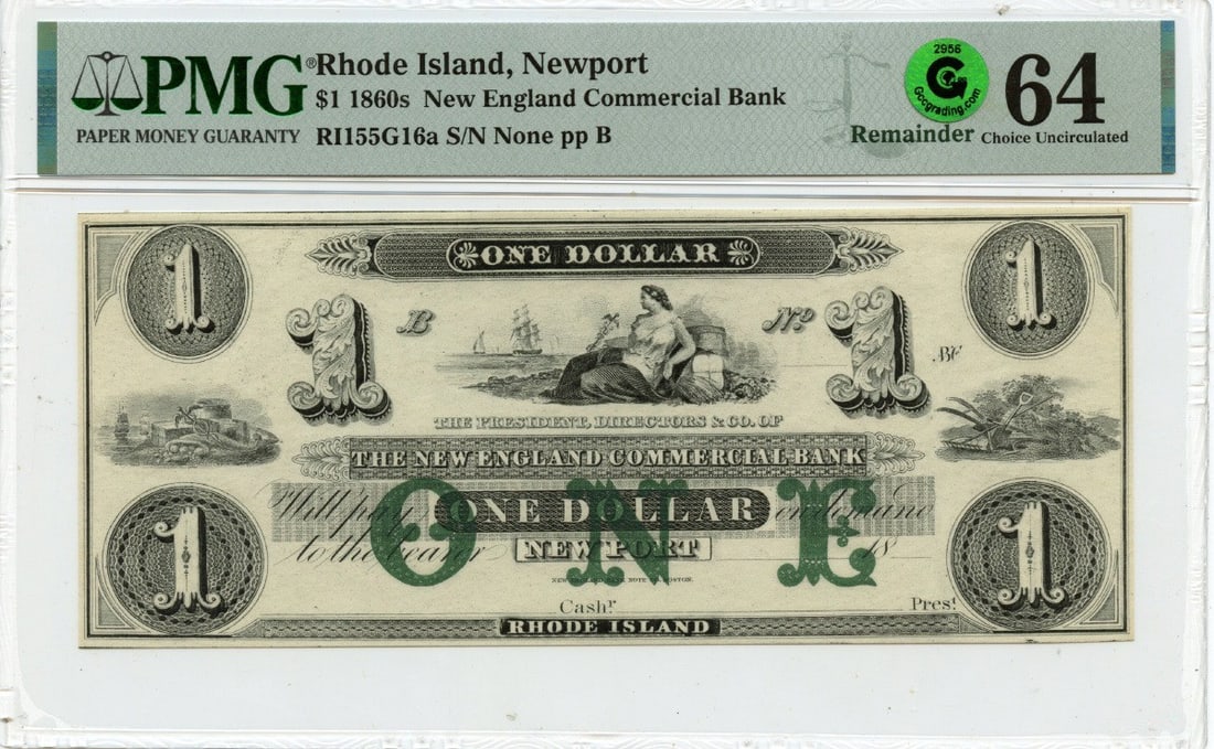 Commercial Bank $1 Newport Rhode Island 1860s Obsolete Currency PMG CU64: Commercial Bank $1 Newport Rhode Island 1860s Obsolete Currency PMG CU64 This is an 1860s $1 obsolete note from the Commercial Bank of Newport, Rhode Island. The note is certified by PMG with a grade 
