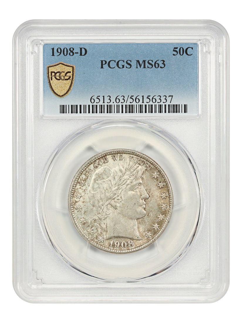 Barber Half Dollar 1908 Denver Mint PCGS MS63 Graded Coin (1 of 5)