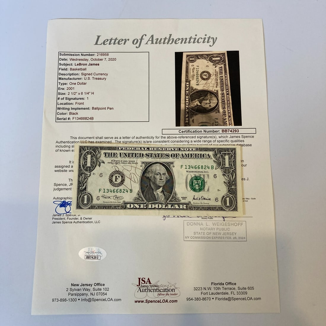 LeBron James 2001 Signed $1 Bill JSA COA Early Autograph (1 of 6)