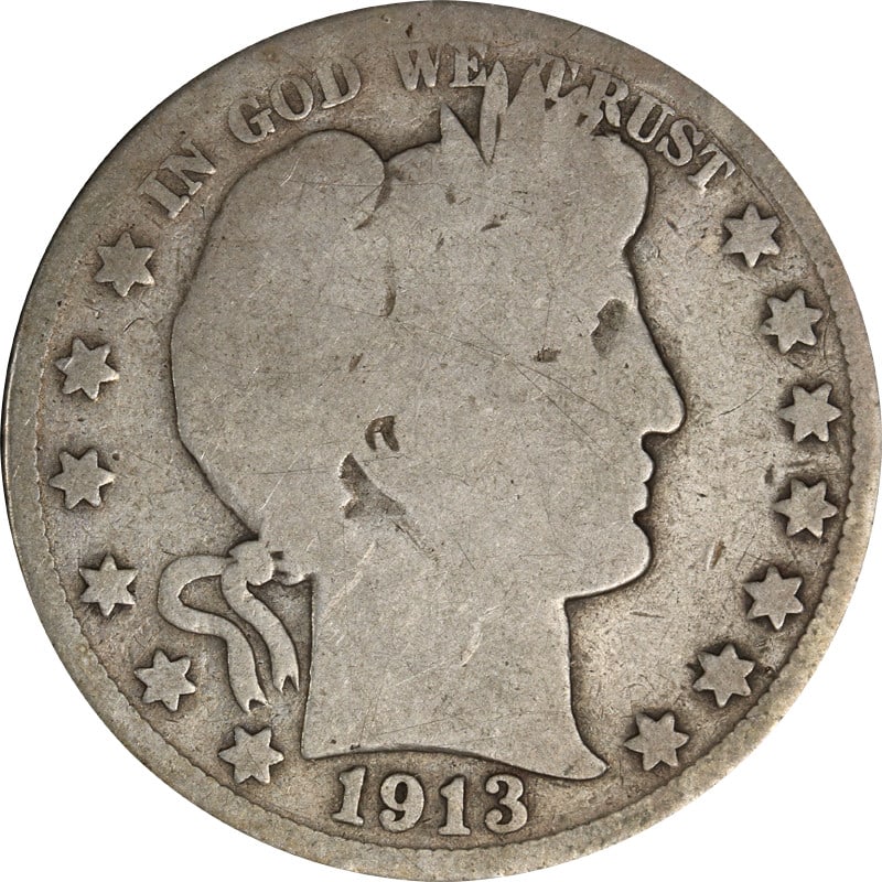 1913-P Barber Half Dollar 90% Silver Circulated Coin (1 of 2)