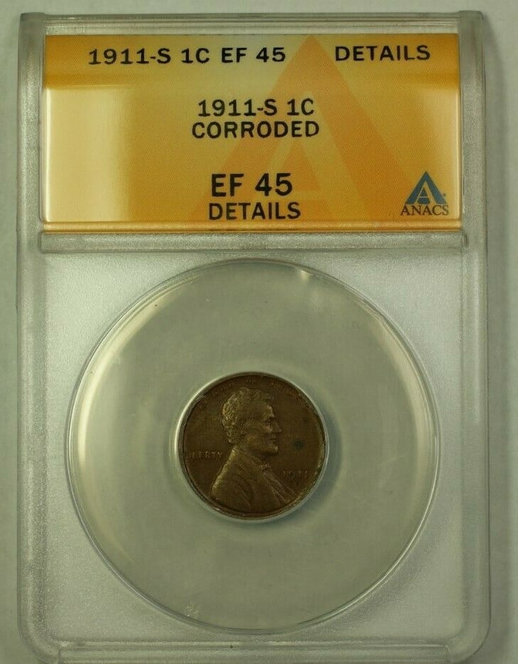 San Francisco 1911-S Lincoln Wheat Cent ANACS EF-45 Details Corroded (1 of 2)