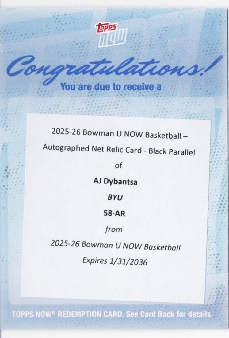 AJ Dybantsa 2025 Bowman U Now Black Auto Relic Redemption Rookie Card 10 Made (1 of 2)