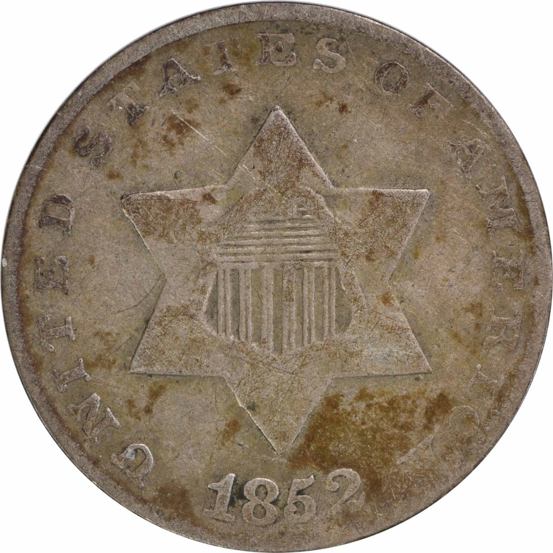 1852 Three Cent Silver Coin F Uncertified Philadelphia Mint: 1852 Three Cent Silver Coin F Uncertified Philadelphia Mint This 1852 Three Cent Silver coin is a notable piece of American numismatic history. Minted in Philadelphia, it features a design by James Ba