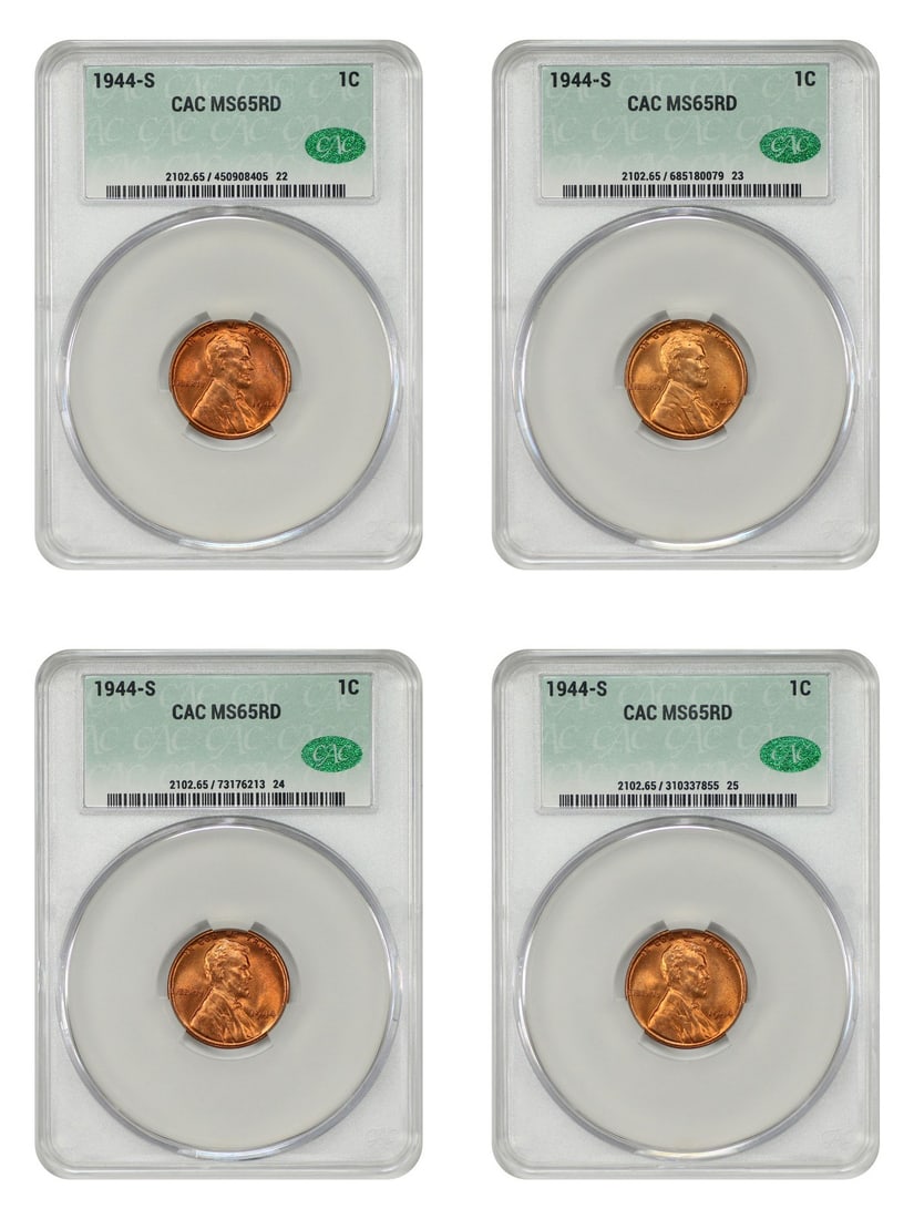 1944-S Lincoln Cent 1C Lot of 4 CACG MS65RD Wheat Reverse (1 of 4)