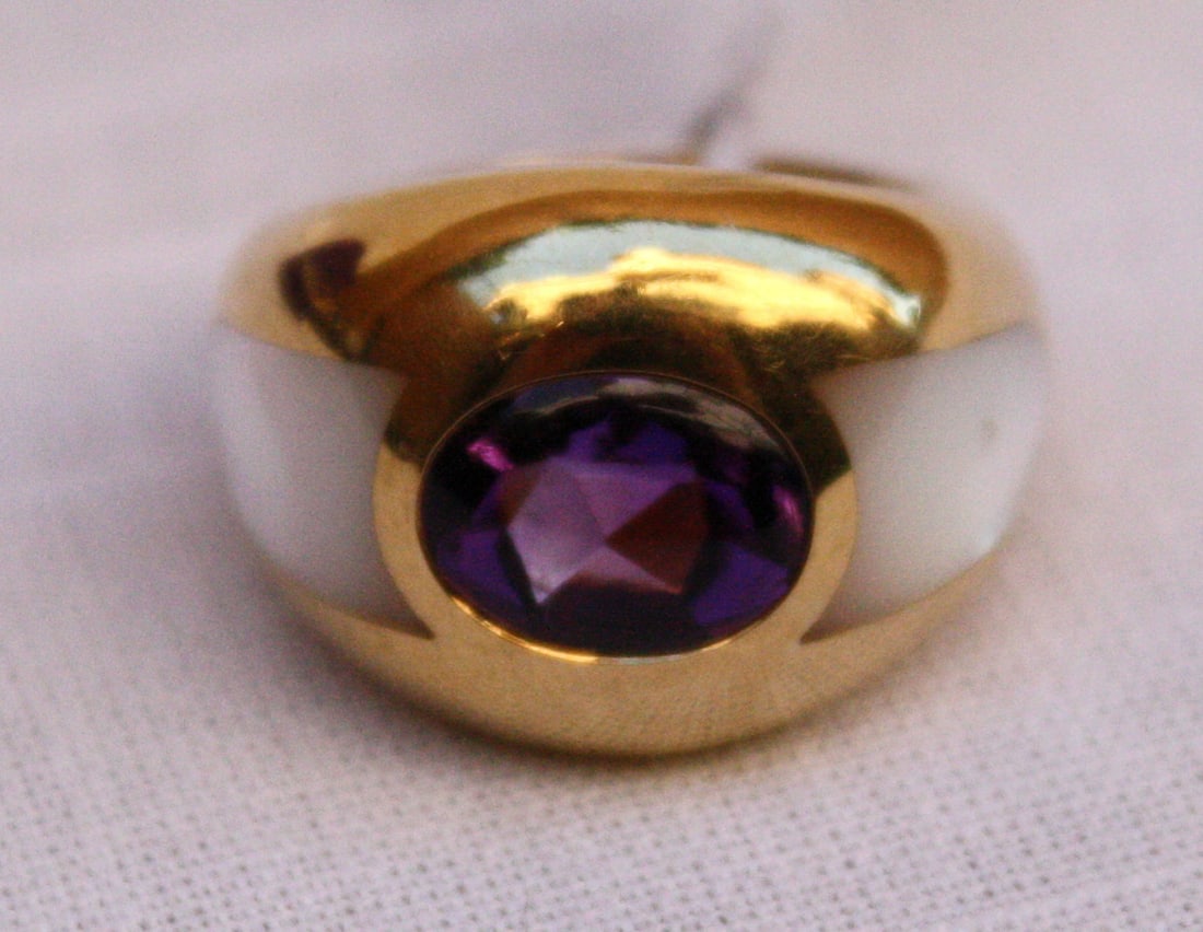 Mauboussin 18K Yellow Gold Mother of Pearl Amethyst Ring Size 5 New with Box (1 of 9)