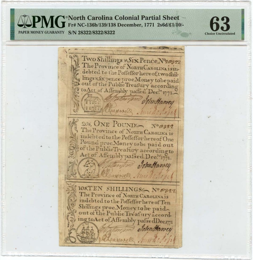 Uncut Colonial North Carolina 1771 Currency Sheet PMG Certified CU63 (1 of 2)