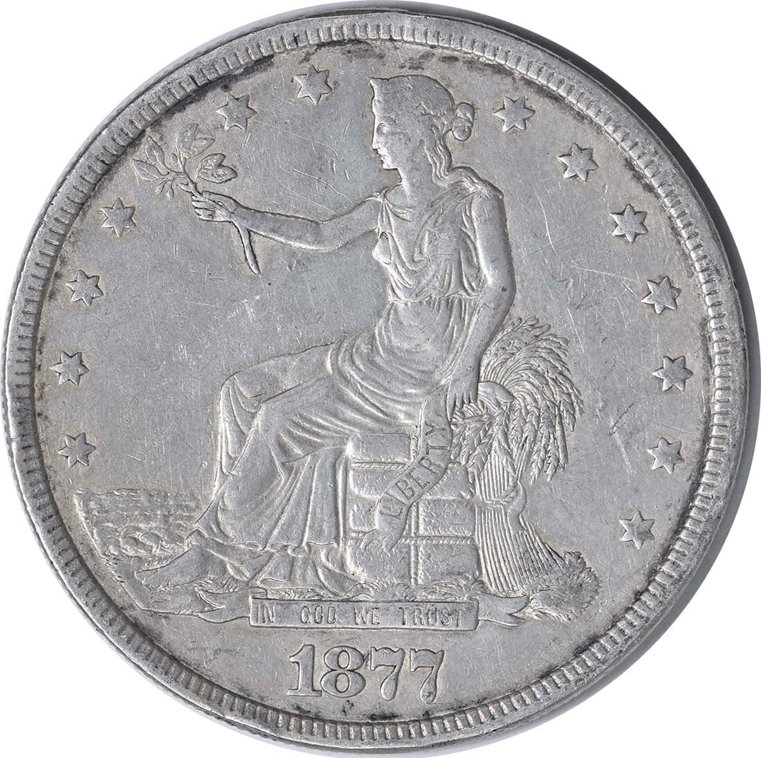 1877 United States Trade Dollar 90 Percent Silver XF Circulated Uncertified (1 of 2)