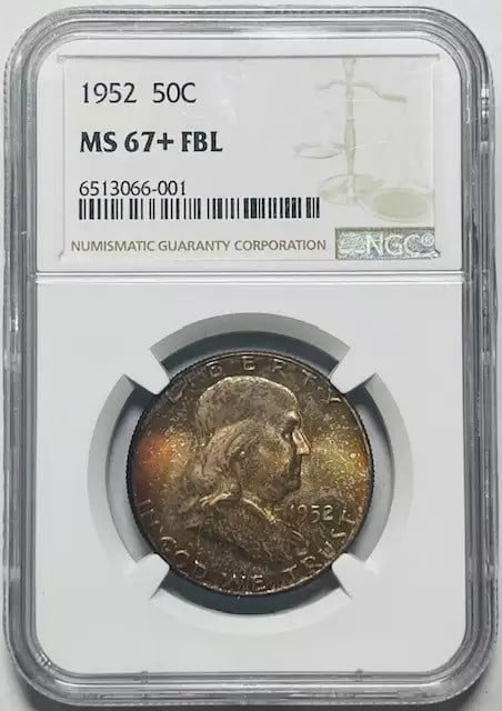 1952 Silver Franklin Half Dollar MS-67 Plus FBL NGC Certified: 1952 Silver Franklin Half Dollar MS-67 Plus FBL NGC Certified This 1952 Franklin Half Dollar is certified by NGC with a high grade of MS-67+ and features Full Bell Lines (FBL). Made of silver, this un