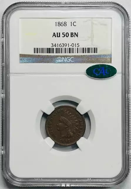 NGC CAC Graded 1868 Indian Head Cent AU 50 Brown (1 of 2)