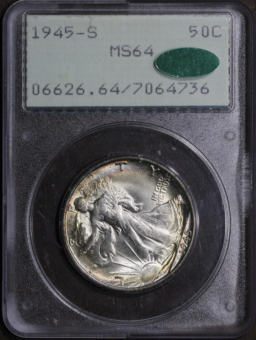 1945 San Francisco Walking Liberty Half Dollar MS64 PCGS CAC Old Green Holder: 1945 San Francisco Walking Liberty Half Dollar MS64 PCGS CAC Old Green Holder This is a 1945-S Walking Liberty Half Dollar with a denomination of 50 cents. Graded MS64 by PCGS and verified by CAC, thi