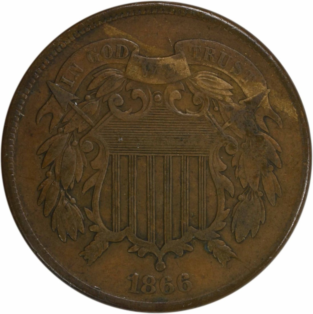 1866 Two Cent Piece VF Bronze Coin Uncertified Philadelphia Mint (1 of 2)