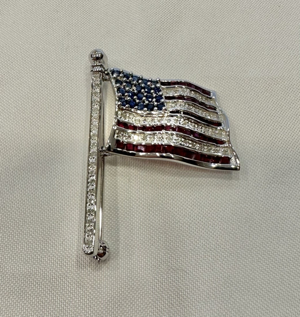 14K White Gold US Flag Brooch with Diamonds Rubies Sapphires Signed 14K BJC (1 of 4)