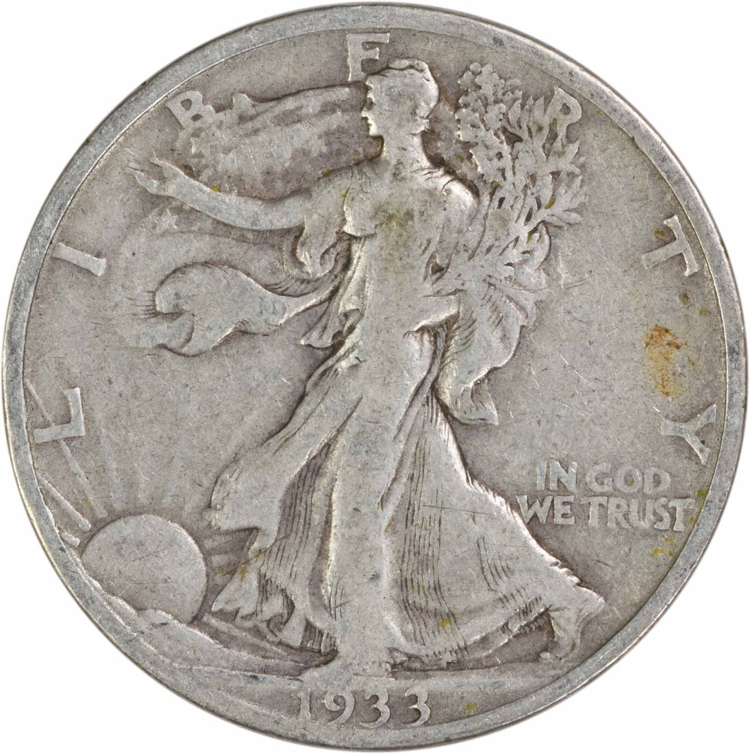 1933 San Francisco Walking Liberty 50C Silver Half Dollar Fine Grade Uncertified: 1933 San Francisco Walking Liberty 50C Silver Half Dollar Fine Grade Uncertified This is a 1933-S Walking Liberty Silver Half Dollar from the San Francisco mint. Designed by Adolph Alexander Weinman, 
