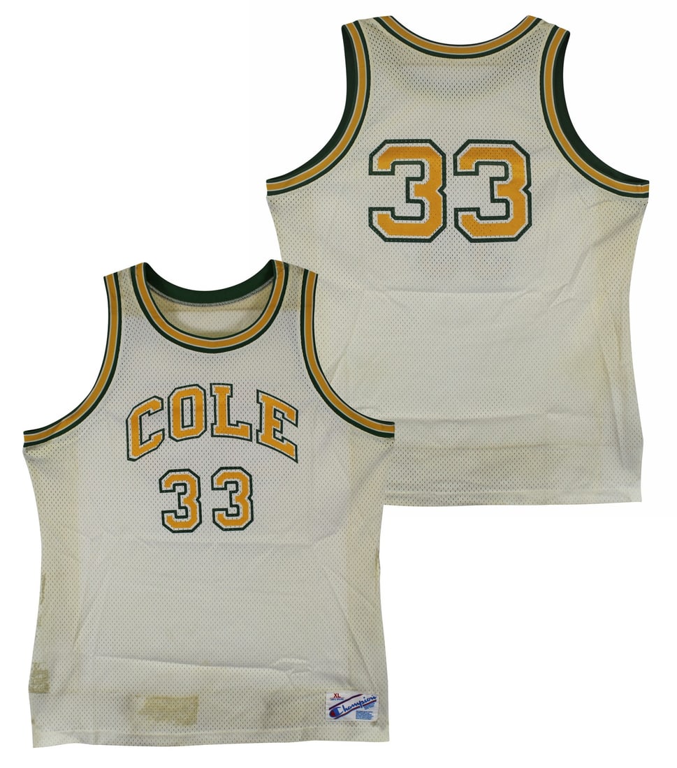 Game-Worn 1987-89 Cole High School Champion Jersey Authenticated SIA Shaquille O'Neal: Game-Worn 1987-89 Cole High School Champion Jersey Authenticated SIA Shaquille O'Neal This is a game-used white Champion jersey worn by Shaquille O'Neal during the 1987-89 seasons at Robert G. Cole Hi