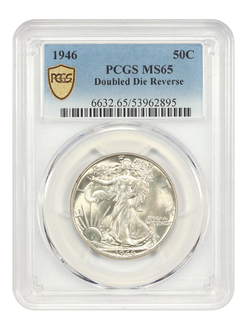 1946 Walking Liberty Half Dollar Doubled Die Reverse PCGS MS65: 1946 Walking Liberty Half Dollar Doubled Die Reverse PCGS MS65 This 1946 Walking Liberty Half Dollar features the popular doubled die reverse variety. Graded MS65 by PCGS, the coin exhibits lustrous, 