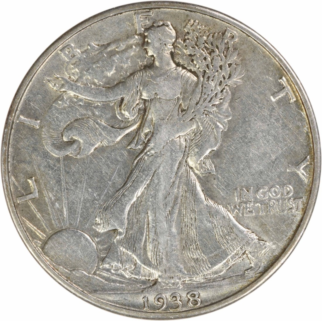 1938 Denver Liberty Walking Half Dollar 90 Percent Silver EF Uncertified: 1938 Denver Liberty Walking Half Dollar 90 Percent Silver EF Uncertified This 1938-D Walking Liberty Silver Half Dollar is a circulated coin from the Denver Mint. Designed by Adolph Alexander Weinman,