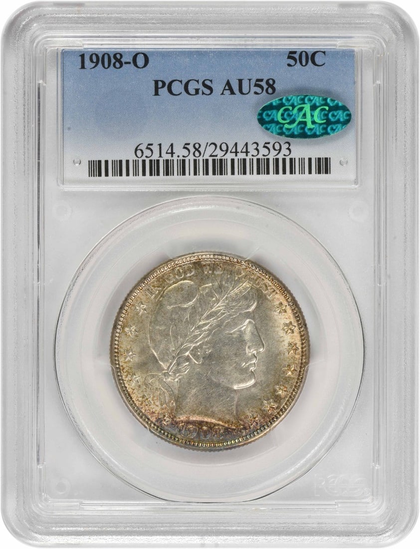PCGS CAC AU58 1908-O Barber 50 Cent Silver Coin New Orleans Mint: PCGS CAC AU58 1908-O Barber 50 Cent Silver Coin New Orleans Mint This 1908-O Barber Half Dollar features the iconic design by Charles E. Barber. Graded AU58 by PCGS and approved by CAC, this United St