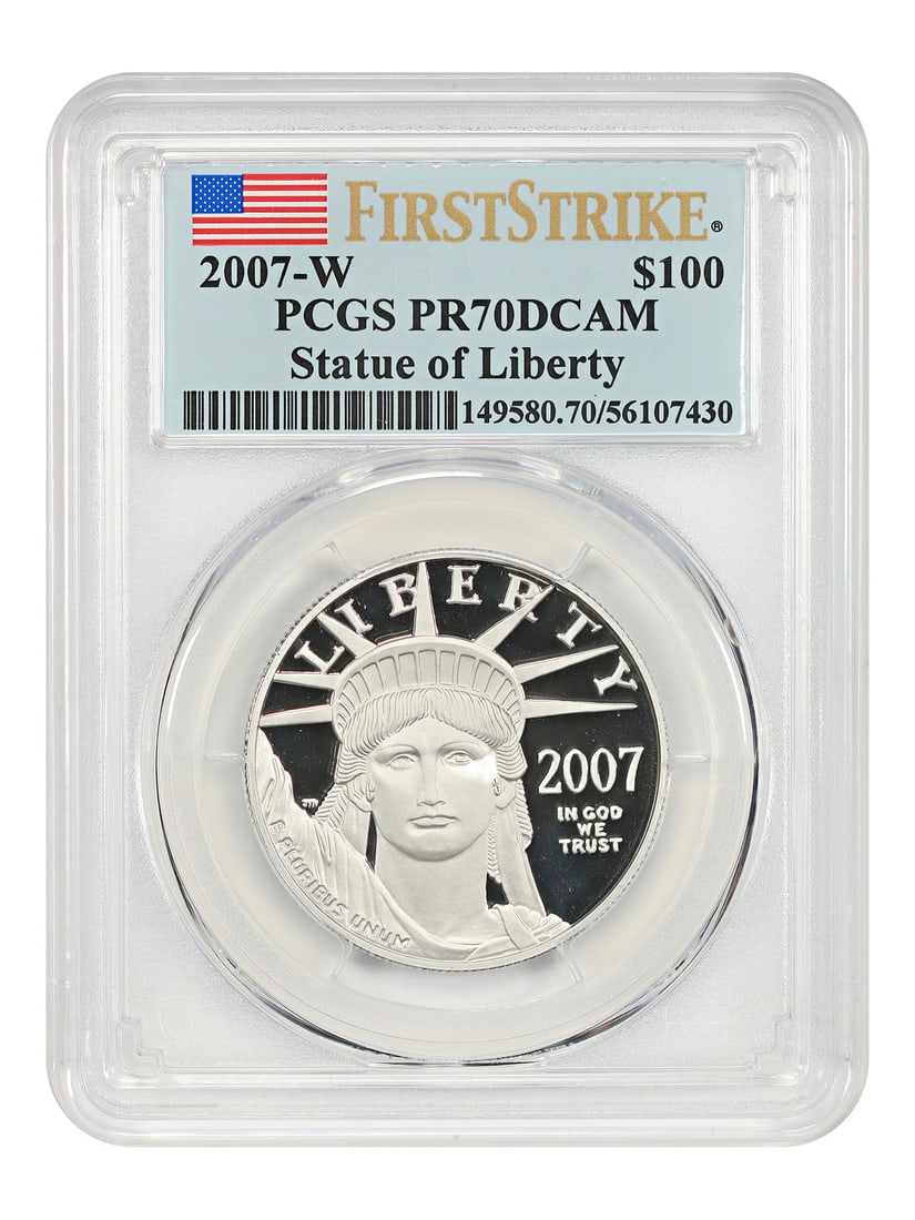 2007 Platinum Eagle $100 PCGS PR70DCAM First Strike West Point Mint: 2007 Platinum Eagle $100 PCGS PR70DCAM First Strike West Point Mint This 2007-W $100 Platinum Eagle features the Statue of Liberty design and has been graded PR70DCAM by PCGS, achieving the First Stri