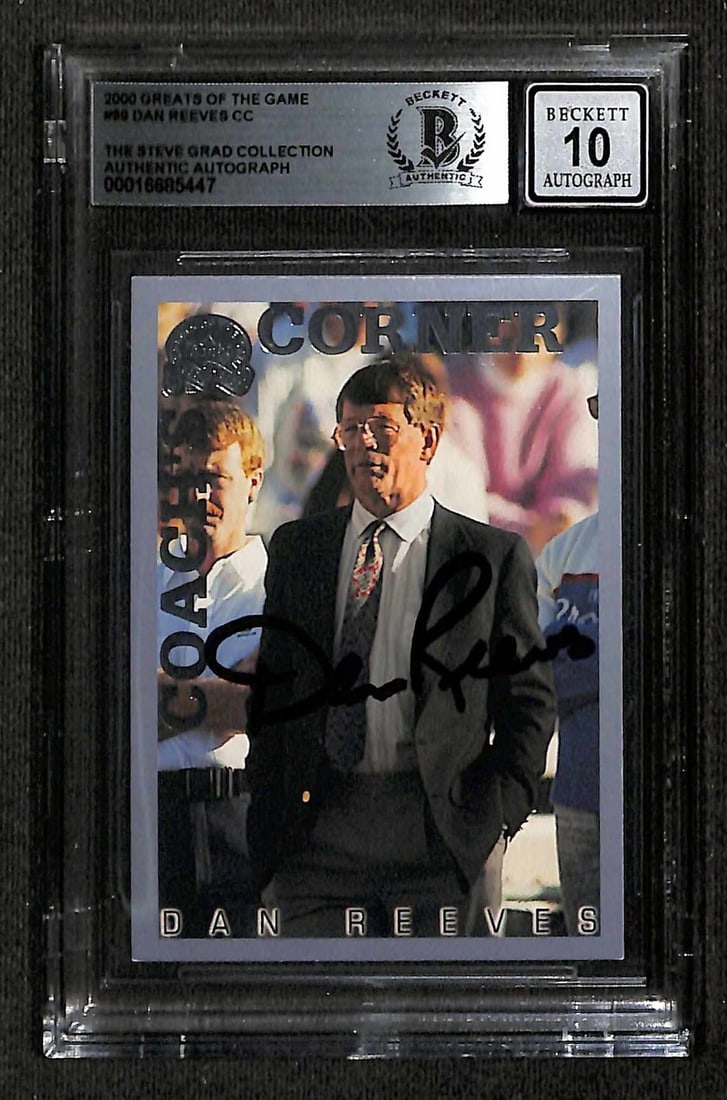 Dan Reeves 2000 Greats of the Game #99 Signed Card Auto Grade 10 Beckett: Dan Reeves 2000 Greats of the Game #99 Signed Card Auto Grade 10 Beckett This is a remarkable autographed 2000 Greats of the Game #99 sports trading card signed by the legendary Dan Reeves, former hea