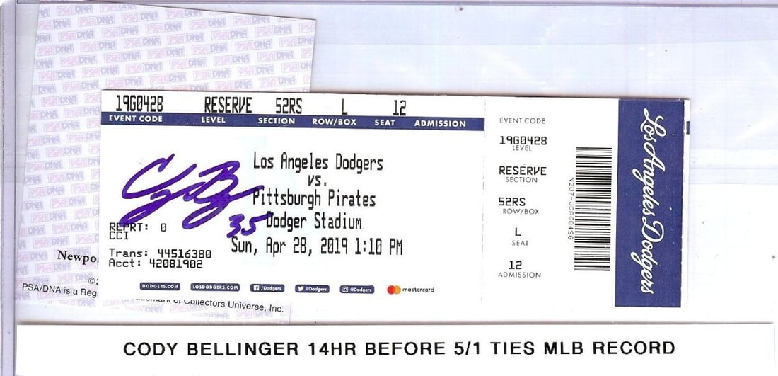 Cody Bellinger Autographed Ticket Stub PSA Authenticated Los Angeles Dodgers (1 of 2)
