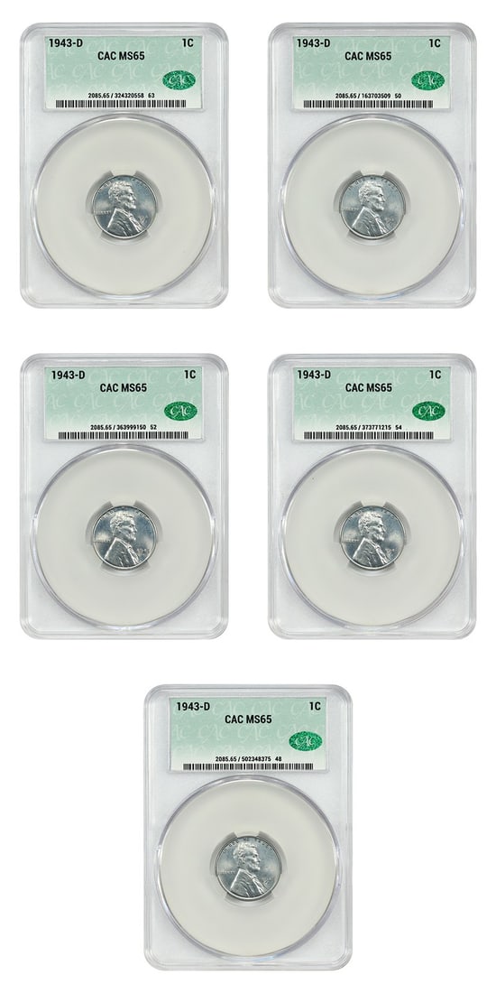 Set of 10 1943-D Lincoln Wheat Cents CACG MS65 Steel Coins (1 of 4)