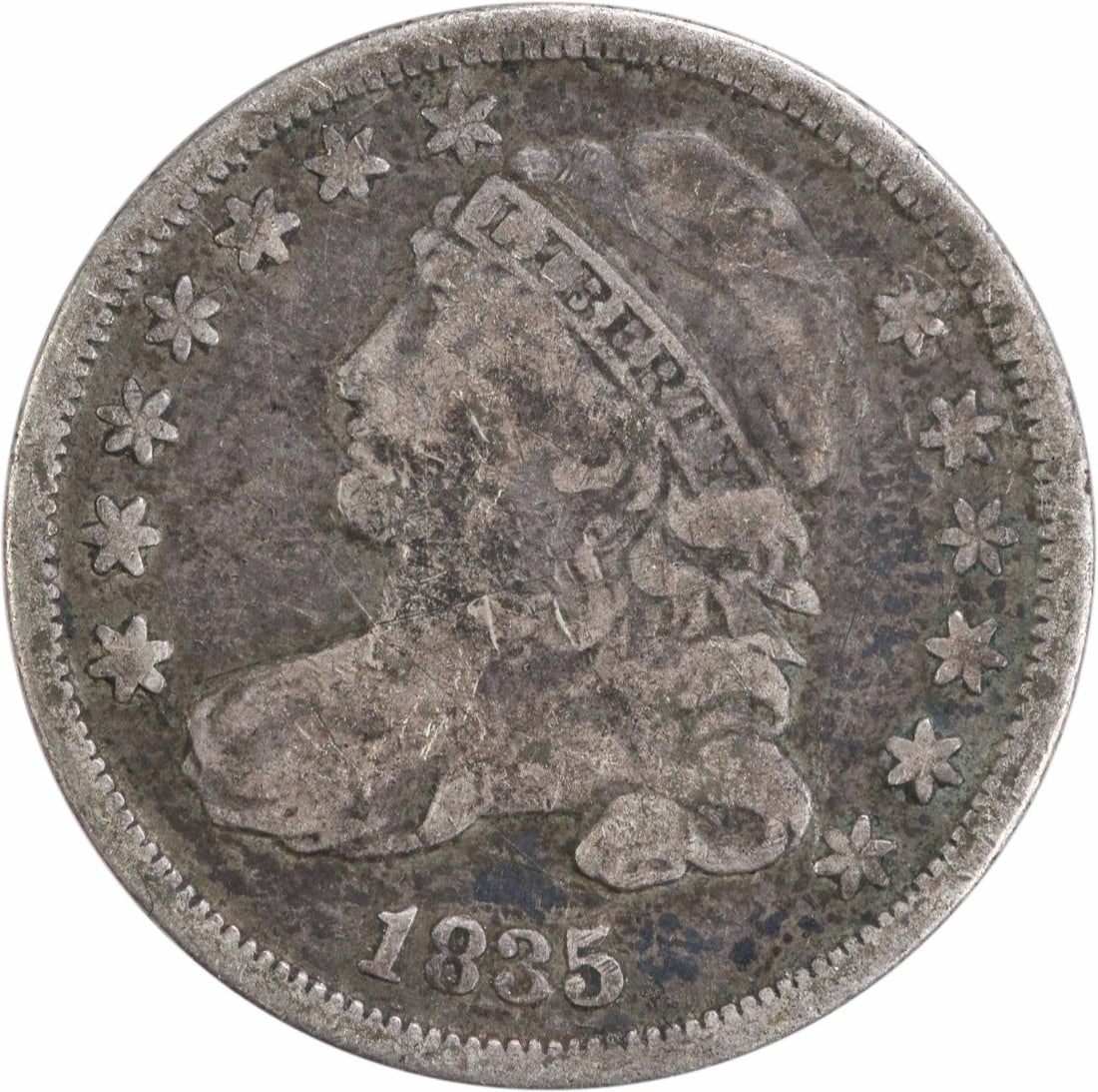 1835 Capped Bust Silver Dime 10C F Grade Uncertified: 1835 Capped Bust Silver Dime 10C F Grade Uncertified This 1835 Capped Bust Silver Dime is a remarkable piece of numismatic history. The coin, with a denomination of 10C, was minted in Philadelphia wit