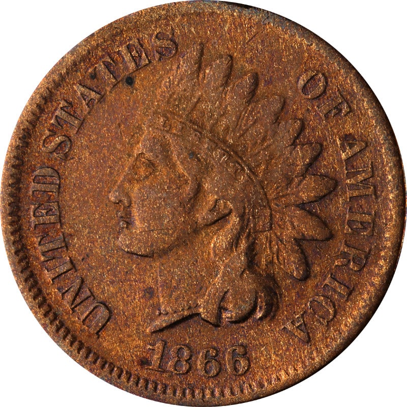 Copper Indian Cent Coin 1866 United States Lightly Cleaned Uncertified (1 of 2)