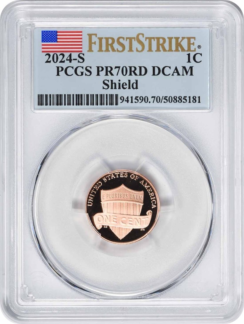 PCGS PR70RD DCAM First Strike 2024-S Lincoln Shield Proof Cent: PCGS PR70RD DCAM First Strike 2024-S Lincoln Shield Proof Cent This 2024-S Lincoln Cent is a proof coin graded PR70RD DCAM by PCGS, featuring the First Strike designation. The coin is uncirculated and