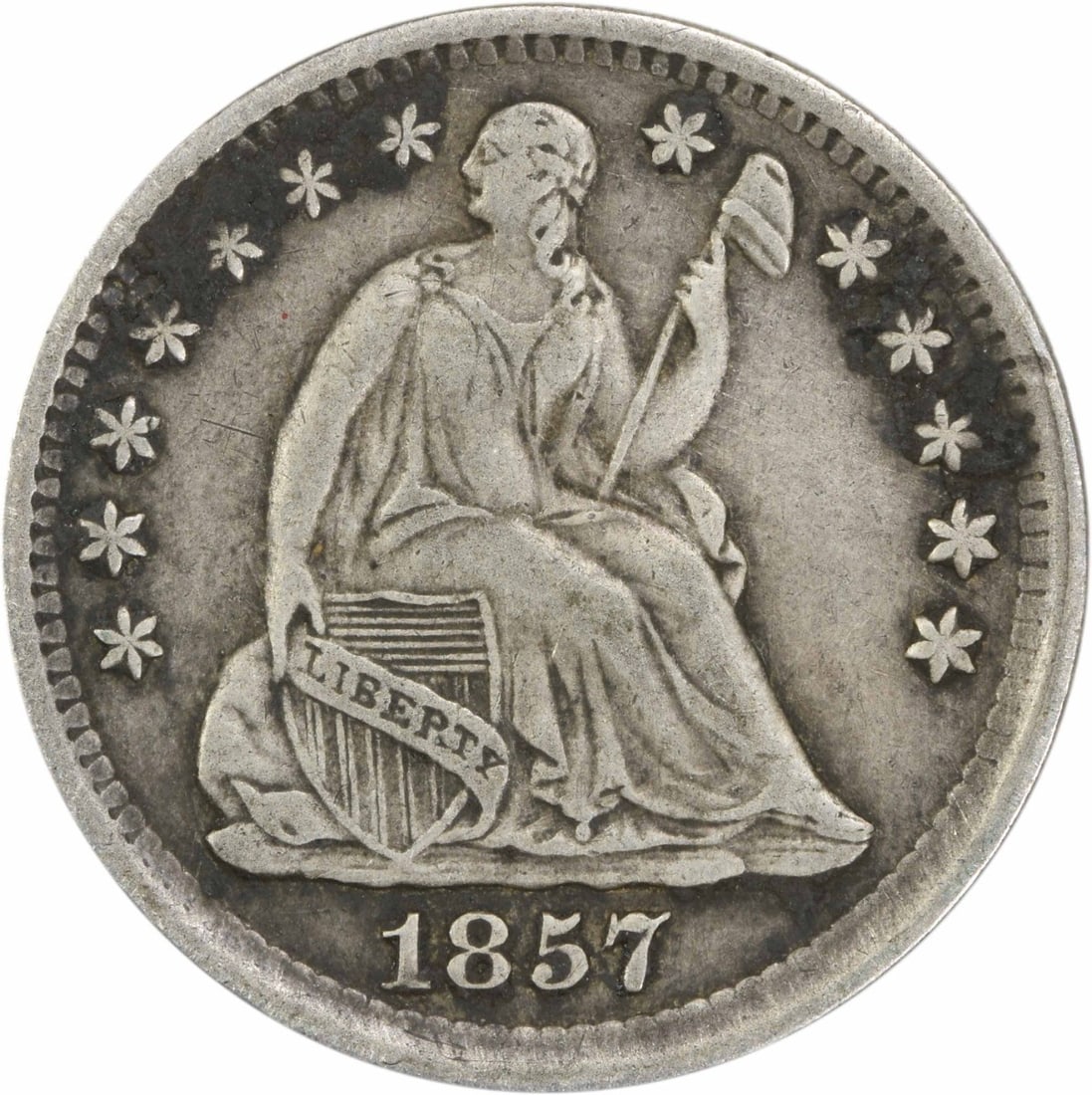 1857 Liberty Seated Half Dime EF Uncertified 90% Silver: 1857 Liberty Seated Half Dime EF Uncertified 90% Silver This 1857 Liberty Seated Silver Half Dime features a design by Christian Gobrecht and is a notable piece of American numismatic history. Minted 