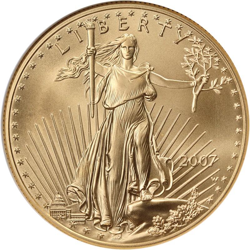 NGC MS69 Early Releases 2007-W $50 Gold Eagle Burnished Coin: NGC MS69 Early Releases 2007-W $50 Gold Eagle Burnished Coin This 2007-W Gold American Eagle $50 coin is a Burnished Early Releases edition graded MS69 by NGC. Struck in 22-karat gold with a fineness 