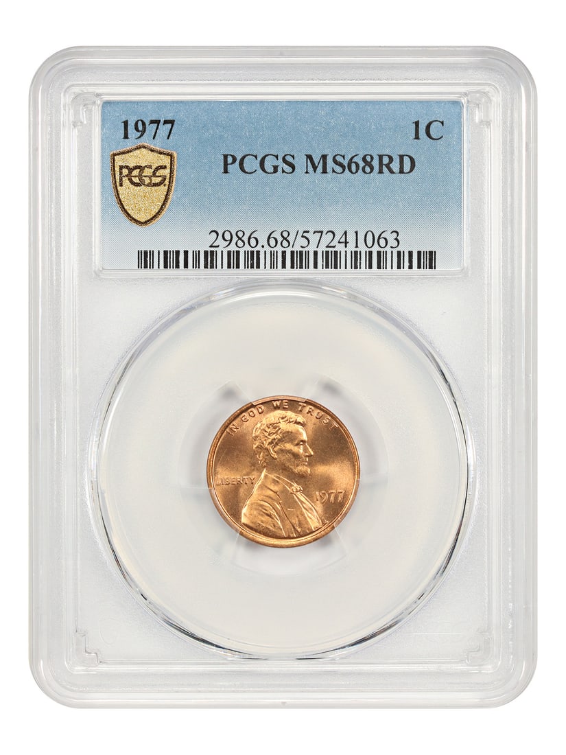 PCGS MS68RD Lincoln Cent 1977 Philadelphia Ultra Gem Red: PCGS MS68RD Lincoln Cent 1977 Philadelphia Ultra Gem Red This 1977 Lincoln Cent is a highly graded example, certified by PCGS as MS68RD. Featuring candy-apple red surfaces and exceptional eye appeal, 