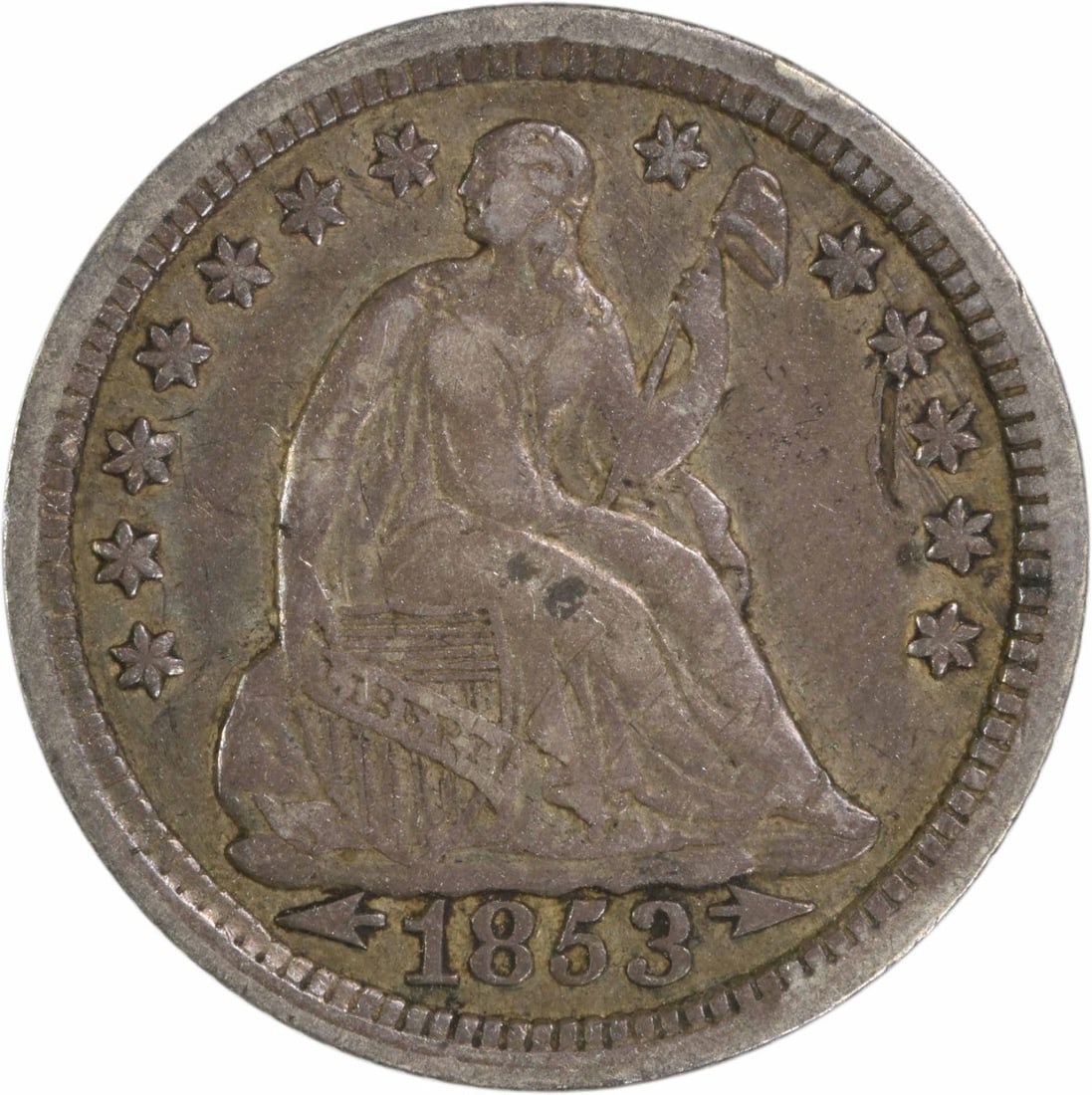 1853 Liberty Seated Half Dime 90% Silver Uncertified: 1853 Liberty Seated Half Dime 90% Silver Uncertified This 1853 Liberty Seated Silver Half Dime features a classic design by renowned engraver Christian Gobrecht. Struck at the Philadelphia Mint, this 