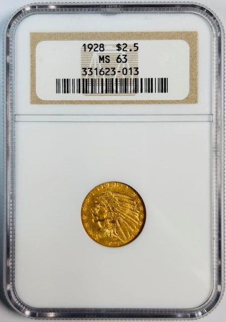 1928 Indian Head Gold Quarter Eagle NGC MS63 Uncirculated Coin (1 of 2)