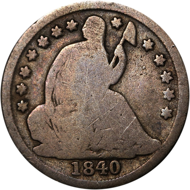 1840-O Silver Half Dime New Orleans No Drapery Design United States Coin: 1840-O Silver Half Dime New Orleans No Drapery Design United States Coin This is a circulated 1840-O Seated Liberty Half Dime, featuring the No Drapery variety. Minted in New Orleans, this pre-owned c